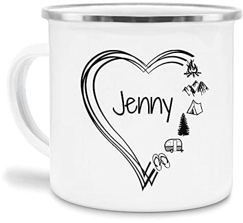 Tassendruck Emaille Tasse Camping PERSONALISIERT mit Wunschname - Geschenk Campingurlaub/Persönliche Campingtasse mit Herz - Emaille klein Silber Rand