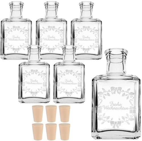 gouveo 6er Set 250 ml Glasflaschen Cube mit Gravur Frohe Weihnachten und Korken (PEK) - Leere Korkenflaschen für Weihnachten - Eckige Flaschen zum Verschenken