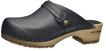 Sanita Ursana offener Clogs | Original handgemacht | Leder-Holzclogs für Damen | Schwarz | EU 35