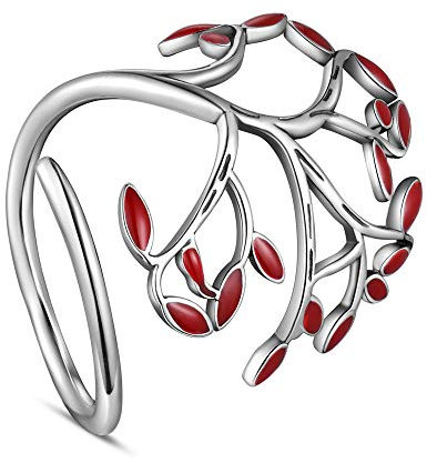 Beadthoven Bague en argent sterling 925 avec feuilles émaillées Arbre de vie Bague ouverte réglable Taille Q pour femme Bijoux Cadeaux de Saint-Valentin (Taille 8)