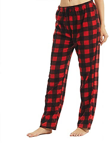 YUSHOW Lot de 1 Bas de Pyjama Femme à Carreaux en polaire Automne/Hiver Souple Pantalon de Pyjama Confortable Lounge Décontracté, Rouge Noir À Carreaux, L