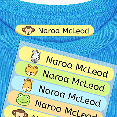 50 Etiquetas termoadhesivas personalizadas para marcar la ropa de los niños. Pegatinas para planchar, resistentes a lavadora y secadora. Tamaño 6 x 1 cm. (Animales)