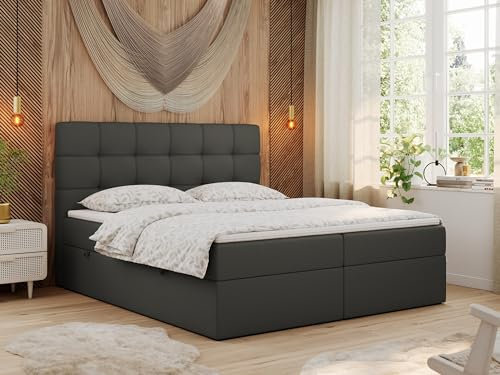 MKS MEBLE Boxspringbett 180x200 mit Matratze, Bett mit Multipocket - Matratze H3 und Topper, Polsterbett 180x200 mit Bettkasten und Kopfteil, ERNI - Dunkelgrau Kunstleder