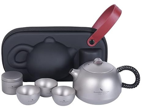 iBasingo Titan Teekannen Set mit Filter & Verbrühungsschutz Griff & Deckel Outdoor CampingBüro Teeservice Ultraleichter 380ml Teekessel Tassen Set für den Haushalt mit Mini Teedose Ti3110D