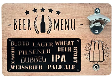 Bieröffner Wandflaschenöffner aus Holz mit Metall-Flaschenöffner und mit magnetischem Kronkorkenhalter (Beer Menu)