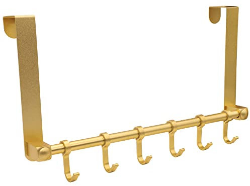 Biomoty Türhaken, Türhänger, bewegliche 6 Haken über der Tür, Garderobe zum Aufhängen, Aluminium, robuster Tür-Organizer für Handtuch, Bademantel, Hut, hinter der Rückseite der Tür, Badezimmer (Gold)