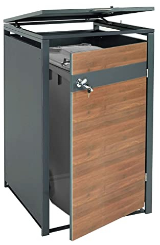 Mendler 1er Mülltonnenverkleidung HWC-J82 - Kirsche-Holzoptik Dunkelbraun | Mülltonnenbox, erweiterbar, 32kg, Metall, anthrazit