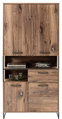Home4You Vitrine - Flagstaff Eiche Dekor - Schwarz - Metall - B 95 cm - 4 Türen - 1 Schublade