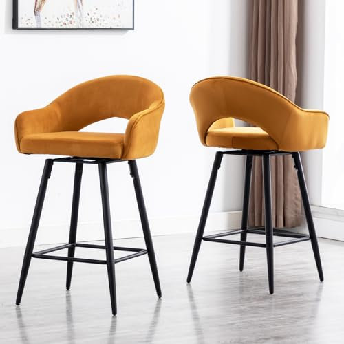 chairus Barhocker Drehbar mit Armlehnen Samt Bistrohocker 2er Set Tresenhocker Küche Hoher Hocker mit 4 Beine (Gelb(Samt)-2)