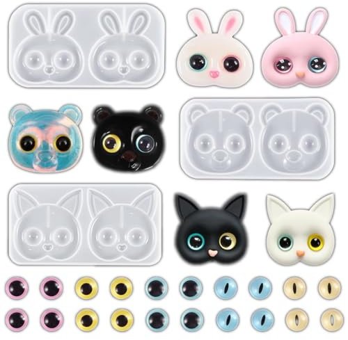 Koonafy 3 Pcs Animal Head Silicone Moulds with 20 Eyes Cute Cat Resin Mold Rabbit Epoxy Resin Mold Bear Crystal Resin Casting Mold for Animal Keychain Jewelry Pendant Phone Case Sticker DIY Craft