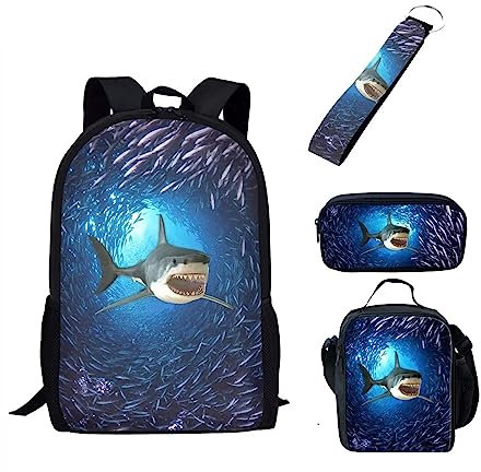 Belidome 4-teiliges Schulrucksack-Set für Kinder, Lunch-Tasche, Federmappe, Schlüsselanhänger, hai, Einheitsgröße, Kinderrucksack