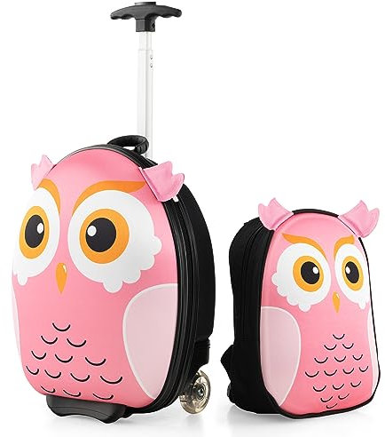 COSTWAY Valise Enfants à roulettes 16” et Sac à Dos 12”, Ensemble de Bagages Enfant avec Poignée Rétractable 58-74CM, Bagage à Main avec Motif Mignon pour Voyage École 30x21x40CM (Hiboux)