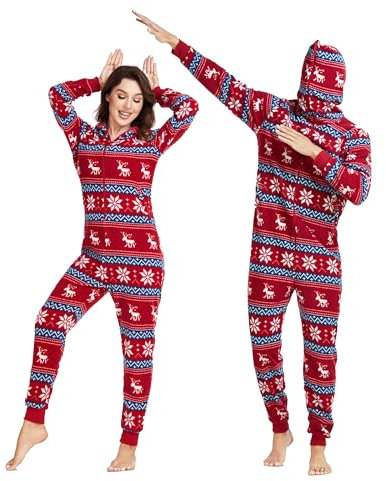 COLORFULLE Weihnachts-Einteiler für Paare, Fleece-Overall mit durchgehendem Reißverschluss, Pyjama, langärmelig, mit Taschen (Rot REH,Damen,L)