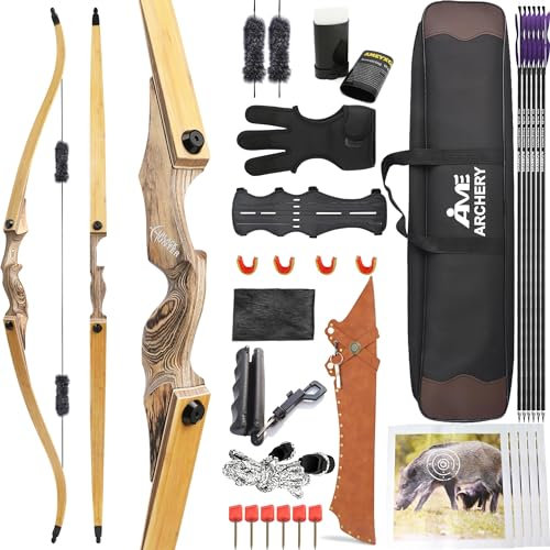 wolfman 60 Zoll Recurvebogen Set Erwachsene 20-60 Lbs Bogenschießen Set Amerika Jagdbogen Pfeil Bogen Set Erwachsene Sportbogen Recurve Bogen Und Pfeil Set Recurve Bow Rechtshänder (50Lbs)