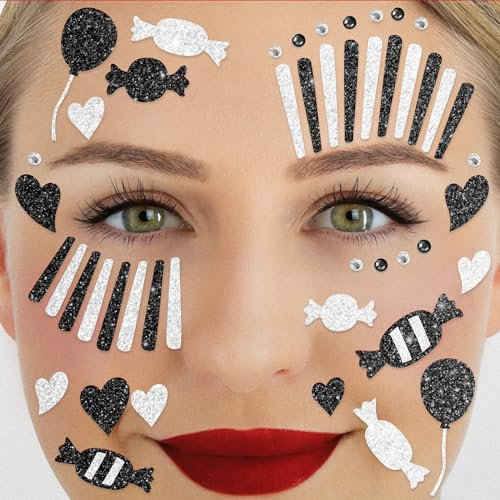 Party Factory Face Tattoo schwarz/weißer Clown, temporäres Glitter Gesichtstattoo für Motto Party, Halloween & Karneval, Kinder & Erwachsene
