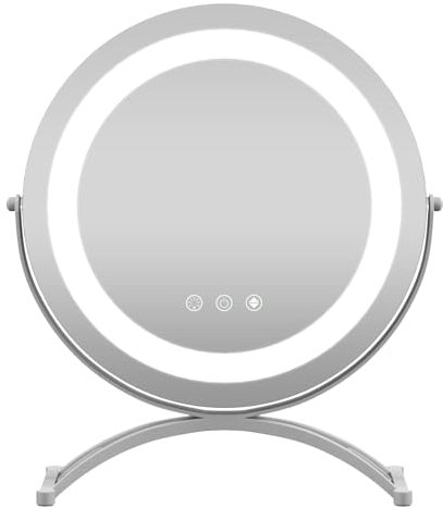 COSTWAY Miroir sur Pied Maquillage Dia.30 CM, Miroir Lumineux Maquillage Ronde, 3 Éclairages&Couleurs, Rotation à 360°, Fonction Mémoire, Support en Métal, Miroir Coiffeuse pour Chambre