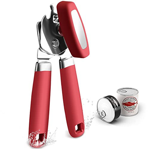 Can Opener with Magnet,Professional 3-In-1 Multifunctional Manual Can Openers Bottle Opener,Kitchen Durable Stainless Steel Heavy Duty Can Opener Smooth Edge for Kitchen Seniors Friendly (21D-Red)