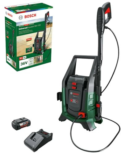 Bosch Home and Garden limpiadora de óptima presión móvil y a batería UniversalAquatak 36V-100 (sistema 36 V; hasta 45 minutos de funcionamiento; con batería de 4,0 Ah y cargador)