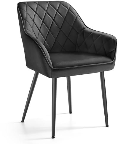 SONGMICS Esszimmerstuhl, Küchenstuhl, Sessel, Samt, Polsterstuhl mit Armlehnen, Loungesessel, bis 120 kg belastbar, Metallbeine, für Esszimmer, Küche, tintenschwarz LDC088B01