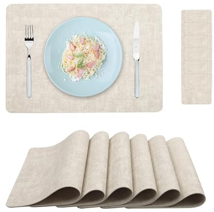 Fanquare Set de 6 Sets de Table en Cuir PU Rectangulaire Beige - Antidérapant, Résistant à la Chaleur pour Maison, Repas, Cuisine, Restaurant, Hôtel - 43x30cm