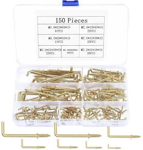 JinZeYou 150 Pcs Screw in Hooks, Metal L Shaped Square Heavy Duty Dresser Cup Ceiling Hooks for Indoor Outdoor Hanging Mug Cup Plants Lights, Gold