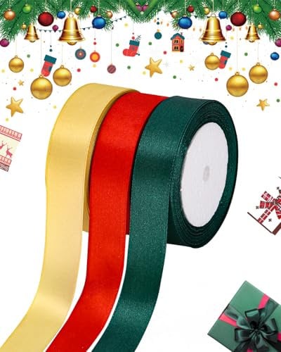 Geschenkband weihnachten 3 Rollen, Satinband 25mm, 22.8Meters Dekoration Geschenkband breit Schleifenband, für Weinachten, Hochzeit,Dekoration, Geschenkverpackung, Schleife(Rot Dunkelgrün Gold)