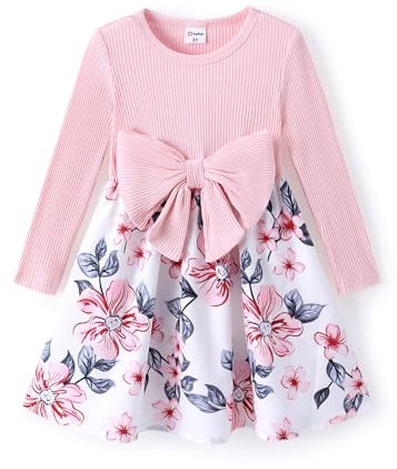 PATPAT Vestito Bambina con Stampa Floreale - Abito Elegante con Fiocco per Compleanno, Feste e Vacanza, Rosa 2 Anni Taglia 80-90