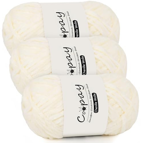 Coopay Chenille Wolle zum Häkeln, 3x100g Samtig Chenillegarn, Dicke Flauschige Weich Chenille Garn, Chenille Wolle, Weicher Plüschwolle Häkelgarn für Decken, Schals - Cremefarben