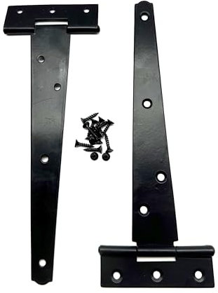 2PK 200mm Black Tee Hinges with Fixings. 8 T-Hinges for Garden Gates, Sheds and Doors. Japanned Corrosion and Weather Resistant External Hinge Pack of 2 with Screws.