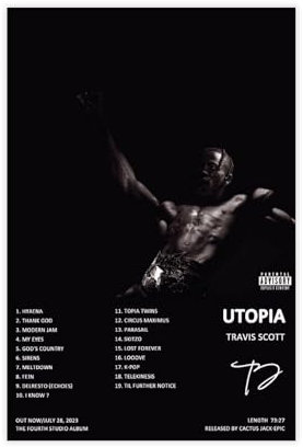 ZKAWE Travis Poster, Scott Utopia, Albumcover, Poster, Leinwandposter, Schlafzimmer-Dekor, Sportlandschaft, Büro, Raumdekoration, Geschenk, ungerahmt, 30 x 45 cm