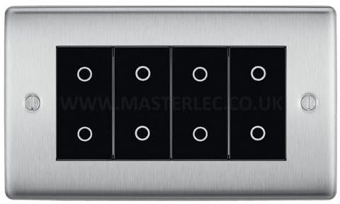 BG NBSTDM4B Brushed Steel 4 Gang Quad Master Touch Dimmer Switch Black Inserts