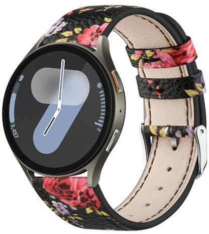Vancle Armband für Samsung Galaxy Watch 7 Armband 40mm 44mm Leder Damen Herren,Weiches Atmungsaktives 20mm Leder Sport Armband Ersatzarmbänder für Samsung Galaxy Watch FE 40mm(SchwarzeRosa Blume)