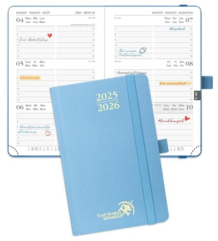POPRUN Taschenkalender 2025 2026 Klein Hardcover, ca. A6 (16 x 10,5 cm) - Kalender 2025 2026 Klein (Aug.2025-Dez.2026) - Wochenplaner 1 Woche 2 Seite mit Innentasche - Dunstblau