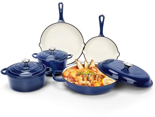 GFTIME Enamel Cast Iron Cookware Set – 8-Piece Non-Stick Casserole and Frying Pan Set with Lids, Dutch Oven, Skillet, Saucepan for All Hob Types, Ideal for Bread Baking, PFA Free, Navy