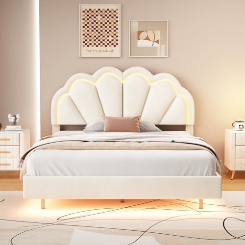 Polsterbett Doppelbett Kinderbett 140x200, LED Schwebebett Mädchenbett Mit Kopfteil in Wolkenform Und Lattenrost, Bettgestell in Hautfreundlichem Samtstoff, Jugendbett, Ohne Matratze (Beige-140x200)