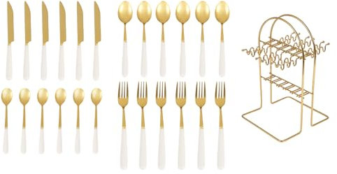 24pcs Mixed Cutlery Set Stainless Steel Ceramic Handle Tableware Dinnerware Set with Storage Stand-Knives/Spoons/Forks/Teaspoons for Family, Restaurants, Restaurants, Parties (Pure White+Gold)