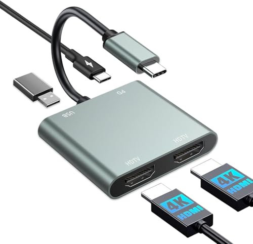 USB C to Dual HDMI Adapter,4 in 1 HDMI Splitter for 2 Monitors 4K@60Hz,USB 3.0,PD 100W,Type C to Dual Monitors Adapter Multiport Cable, USB C Hub 4K@60Hz for MacBook Pro/Air/iPad/Surface/Dell