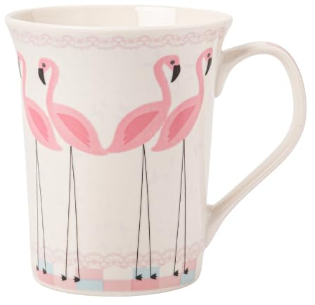 Flamingo Mug 350ml Cute Pink Bird Bone China Tea & Coffee Cup with Striped Pastel Print Lightweight Ceramic Gift Mug for Her, Office, or Home (H 11cm x W 9cm) Assorted Styles (Flamingo 4)