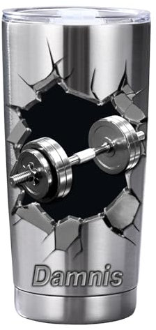 Reyrijf Personalized Dumbbell Pattern Cup with Name, Custom Stainless Steel Dumbbell Tumbler Mug for Men Women, Coffee Travel Mug for Bodybuilder, Workout Buddy Fitness Gift