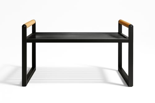 Doria Kitchen Organiser Shelf, Iron Storage Organizer with Wooden Handle, Countertop or Cupboard Organiser for Pantry and Worktop - Black