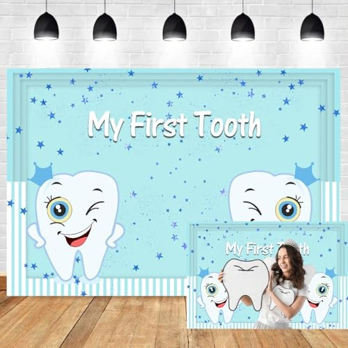 6x4ft My First Tooth Backdrop Blue Stars Cute Teeth Photography Background Toothpaste Toothbrush Backdrops for 1st Tooth Party Decorations Supplies Baby Shower 1st Birthday Banner Photo Booth Props