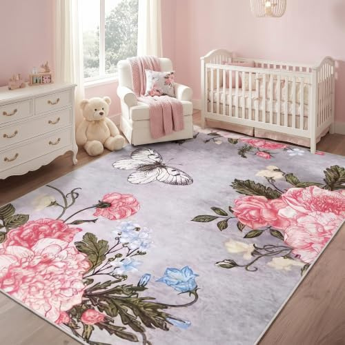 FTCJWL Rosa Schlafzimmer Teppich 120x170 cm, Vintage Blumenmuster | Waschbarer Kurzflor Teppich mit Schmetterling, Rutschfest & Pflegeleicht für Wohnzimmer, Mädchenzimmer und Kinderzimmer