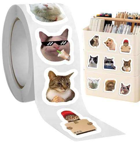 500 Stück Katzen Sticker Rolle, Cartoon Tieraufkleber Für Kinder,Cat Meme Stickerrolle Für Skateboard Gepäck Aufkleber Scrapbook Laptop Trinkflasche