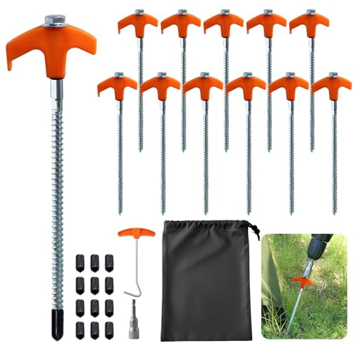 Heavy Duty Metal Tent Pegs, Rotating Rock Pegs with Thread, Ground Anchors for Camping, Includes Drill Adapter & Nail Puller, Durable Steel Stakes for Garden, Canopies & Outdoor (Orange)