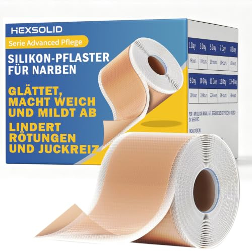 HEXSOLID Silikon-Narbenpflaster, Narbenband 4 cm × 1,8 m | Wiederverwendbar, Zuschneidbar, Wasserdicht, Silikonpflaster für Kaiserschnitt-Narben, OP-Narben, Keloide, Brandnarben