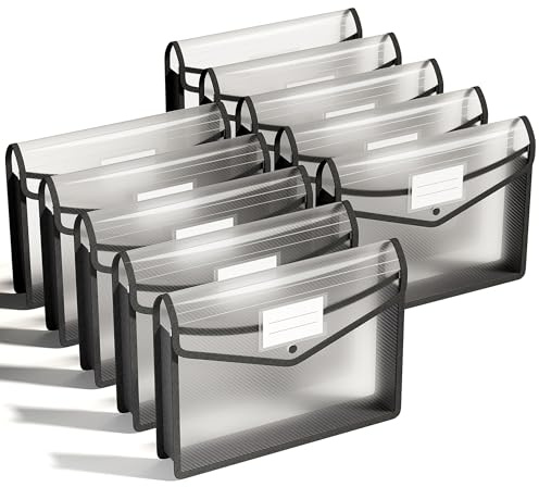 ThinkTex A4 Plastic File Folder, 10 Pcs Document Folder Transparent envelopes with Snap Closure, No Dividers, Large Capacity, Assorted Colors, for School Office Home (Black)
