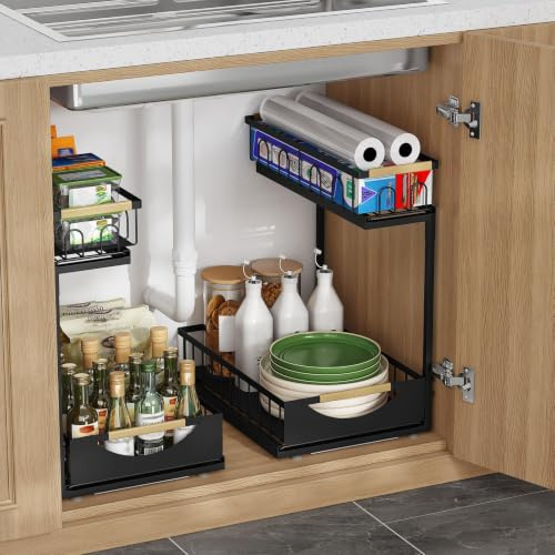 Fantasnight Under Sink Storage Organiser 2 Tier Black 2 Pack | Organisation Cupboard Kitchen for Metal Undersink