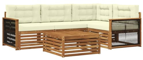 vidaXL Outdoor-Sofagarnitur mit Kissen 5 pcs Natur und Creme, Patio Loungeset, modernes Sofa für draußen, wetterbeständiger Gartenspaß, Bequeme Terrassenmöbel