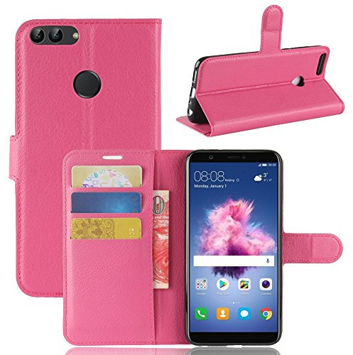Compatibile con HUAWEI P SMART FIG-LX1 FIG-L21 / ENJOY 7S (5.65) CUSTODIA cover STAND libro Flip magnetica GEL SILICONE TPU eco pelle protezione PORTAFOGLIO porta carte vano card fucsia