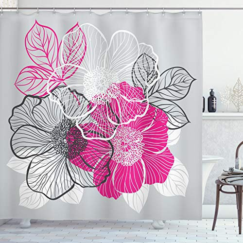 ABAKUHAUS Floral Duschvorhang, Abstrakt Braut Pfingstrosen, Stoffliches Gewebe Badezimmerdekorationsset mit Haken, 175 x 220 cm, Grau Magenta Weiß